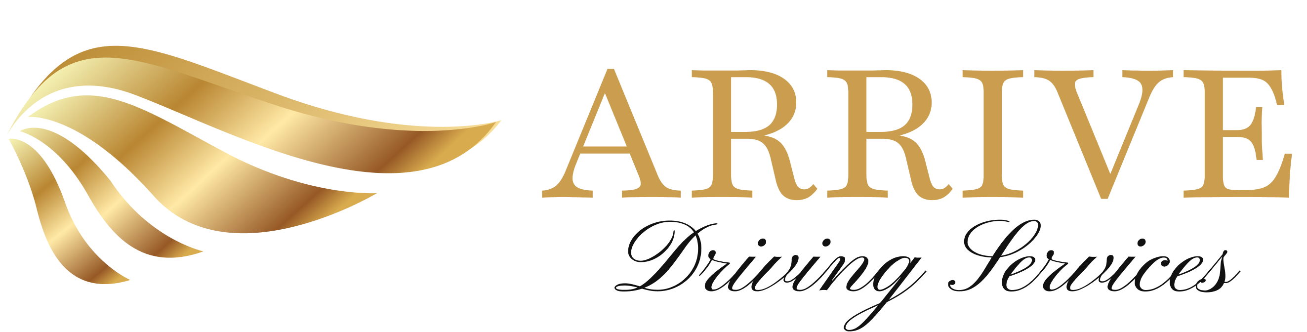 The Arrive Driving Services logo, featuring a flowing gold ribbon-like graphic on the left, followed by the word “ARRIVE” in large, gold serif capital letters, with “Driving Services” in smaller, elegant black script below. The background is transparent.